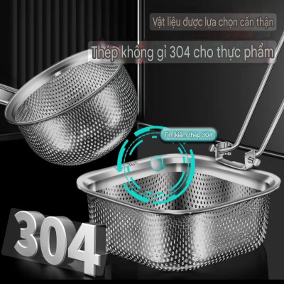 CHAO VỚT VỢT RÂY LỌC LỖ THOÁT MỊN CÔNG NGHỆ CNC CHUYÊN DỤNG LẨU - INOX 304 - CHAO LỌC TAY CẦM GẬP LẠI, ĐƯỢC 4 VỊ TRÍ / CẠNH TREO TIỆN LỢI