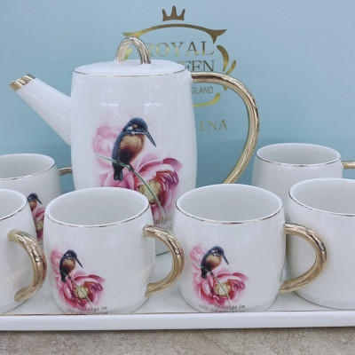 BỘ ẤM CHÉN KÈM KHAY  SỨ CAMELIA PHA TRÀ CÀ  PHÊ MÀU TRẮNG HỌA  TIẾT CHIM VÀ HOA TÍM - ANTH406