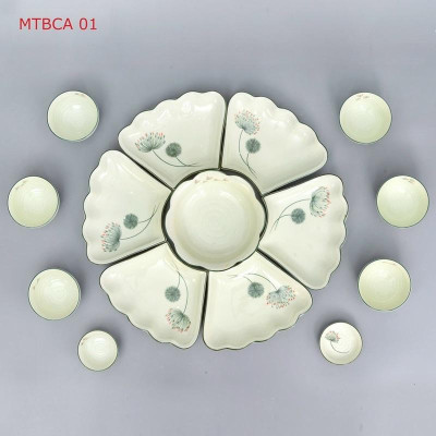 Bộ bát đĩa hoa mặt trời 15 món, men kem. Gốm sứ Bát Tràng.