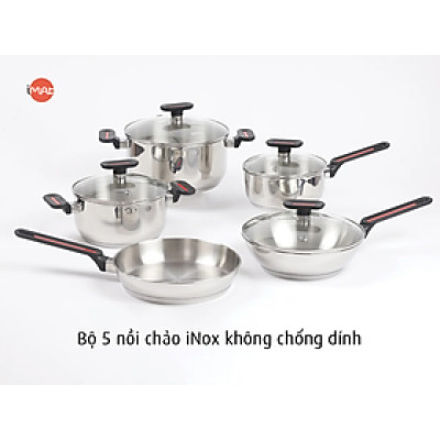 iMAT chính hãng: bộ 5 nồi chảo inox không chống dính gồm quánh 18| nồi 20| nồi 24| chảo chiên 24| Chảo xào 24cm