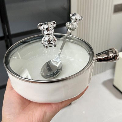 Tô sứ có tay cầm kèm nắp muỗng gấu bearbrick Lucky, Thố, Bát Sứ, Thố Úp Mì Nắp Gấu decor bàn ăn Kèm muỗng nĩa Sang Trọng, Bát Ăn Dặm baby Kid 