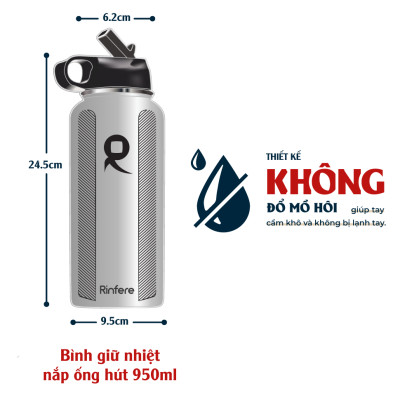 Bình Giữ Nhiệt Rinfere Với Combo 2 Nắp, Dụng Cụ Vệ Sinh Ống Hút (950ml) - Khắc Tên Theo Yêu Cầu