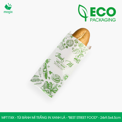 MFT1T4X - 24x9.5x4.5 cm - 1000 Túi bánh mì Trắng, in sẵn họa tiết BEST STREET FOOD - Bao bánh mì Túi giấy thực phẩm an toàn