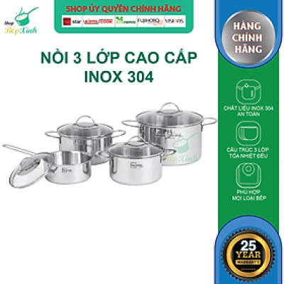 Bộ nồi quánh inox 304 cao cấp Fivestar Plush 3 lớp đúc liền đáy từ , quai oval , nắp kính
