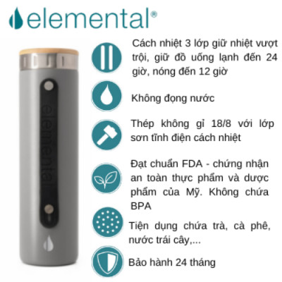 [Elemental chính hãng - Thương hiệu Mỹ] Bình giữ nhiệt Elemental Iconic Bamboo 590ml inox 304, giữ nhiệt vượt trội, an toan sức khỏe