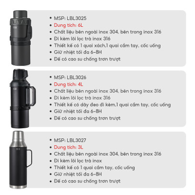 Bình Giữ Nhiệt Inox 4L Lebenlang LBL3026, Lõi Lọc Trà Inox 316, Giữ Nhiệt 6–8H, Có Dây Đeo, Miệng Rộng Dễ Vệ Sinh - hàng chính hãng