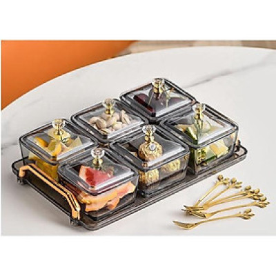 Bộ Mứt Thủy Tinh Chữ Nhật Decor Siêu Xinh | Khay bánh kẹo đựng hoa quả mứt tết 6 ngăn vuông có nắp - thố thủy tinh Cao Cấp