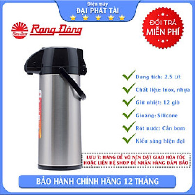 Phích bơm nước cao cấp Rạng Đông Model 2545ST1.E - Chính hãng, thân inox, vai nhựa, dạng cần bơm, dung tích 2.5 lít
