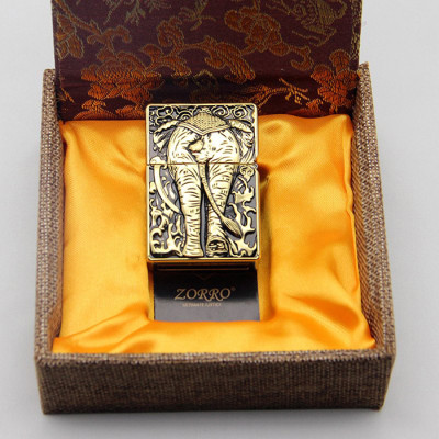 Vỏ Hột Quẹt Bật Lửa Đẹp Độc Lạ Z-KJ1015 Màu Vàng Cổ Họa Tiết Con Voi 3D Nổi Cực Đẹp