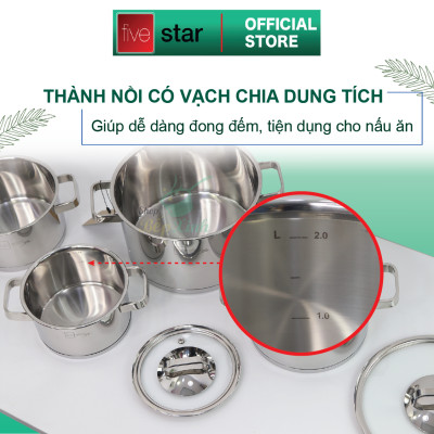 Combo Bộ nồi inox 304 và xửng hấp cao cấp  Fivestar Plus 5 món nắp kính ( 1nồi 16cm x1nồi 18cm x1nồi 20cm x1nồi 24cm x 1thân xửng 24cm) , tặng 1 vá canh 