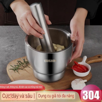 Bộ Cối chày Inox 304 - có nắp chống văng chống trượt không gây tiếng ồn - hàng cao cấp