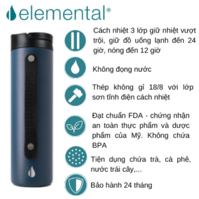 [Elemental chính hãng - Thương hiệu Mỹ] Bình giữ nhiệt Elemental Iconic Sport 590ml inox 304, giữ nhiệt vượt trội, an toàn sức khỏe