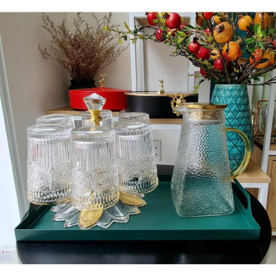 Sét bình đựng nước uống thuỷ tinh chịu nhiệt cao cấp có kèm khay và giá úp cốc siêu sịn, đảm bảo an toàn cho sức khoẻ