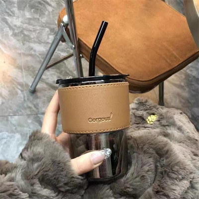 Ly Thuỷ Tinh Giữ Nhiệt Bọc Da Cao Cấp Giữ Nhiệt Từ 6 Đến 8 Tiếng - Có Nắp Và Ống Hút - Dung Tích 450ml - Hàng Loại 1- MINIIN