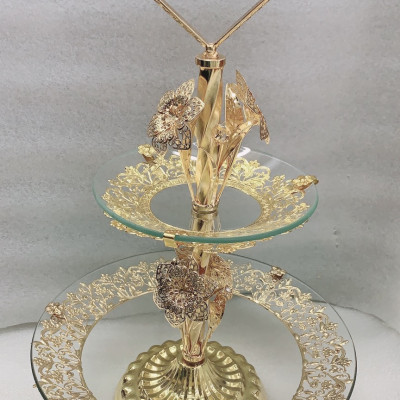 KHAY ĐỰNG BÁNH KẸO HOA QUẢ 2 TẦNG THỦY TINH KHUNG KIM LOẠI THÁP