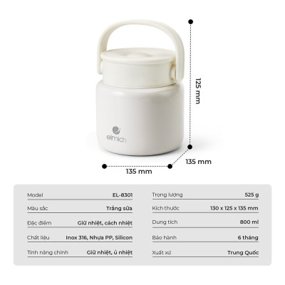 Bình Đựng Thức Ăn Giữ Nhiệt Inox Elmich EL8336 800ml,Hàng Chính Hãng,Kèm Muỗng,Có Thể Ủ Cháo-JoyMall