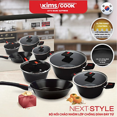 [GIÁ SỐC] Bộ Nồi 7 Món Next Style KimsCook - Hợp Kim Nhôm - Chống Dính Tốt - Đáy Từ