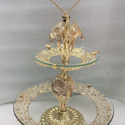 KHAY ĐỰNG BÁNH KẸO HOA QUẢ 2 TẦNG THỦY TINH KHUNG KIM LOẠI THÁP
