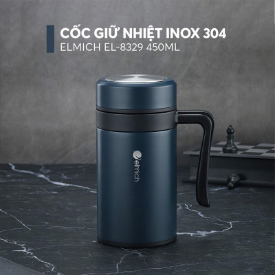 Ly giữ nhiệt inox 304 Elmich EL8329 450ml, Hàng chính hãng, có tay cầm, có khay lọc trà, miệng rộng dễ vệ sinh - JoyMall