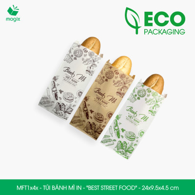 Combo 100 Túi bánh mì 24x9.5x4.5 cm - In sẵn họa tiết BEST STREET FOOD - Bao bánh mì Túi giấy thực phẩm an toàn