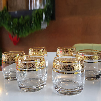 Bộ 6 Ly uống rượu Whisky, Bia, Nước 250 ml mạ vàng 24k Tiệp Khắc