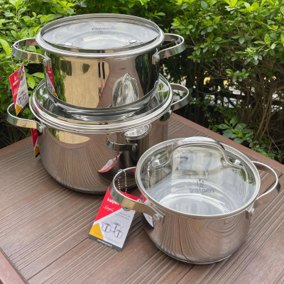 Bộ 3 nồi inox 304 cao cấp 5 đáy Kalpen Lermat L1 size 16,20,24cm hàng chuẩn Đức - Hàng chính hãng