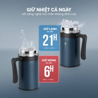 Ly giữ nhiệt inox 304 Elmich EL8329 450ml, Hàng chính hãng, có tay cầm, có khay lọc trà, miệng rộng dễ vệ sinh - JoyMall