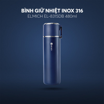Bình giữ nhiệt inox 316 Elmich EL8315 480ml, Hàng chính hãng, nắp dùng làm cốc, có lưới lọc -JoyMall