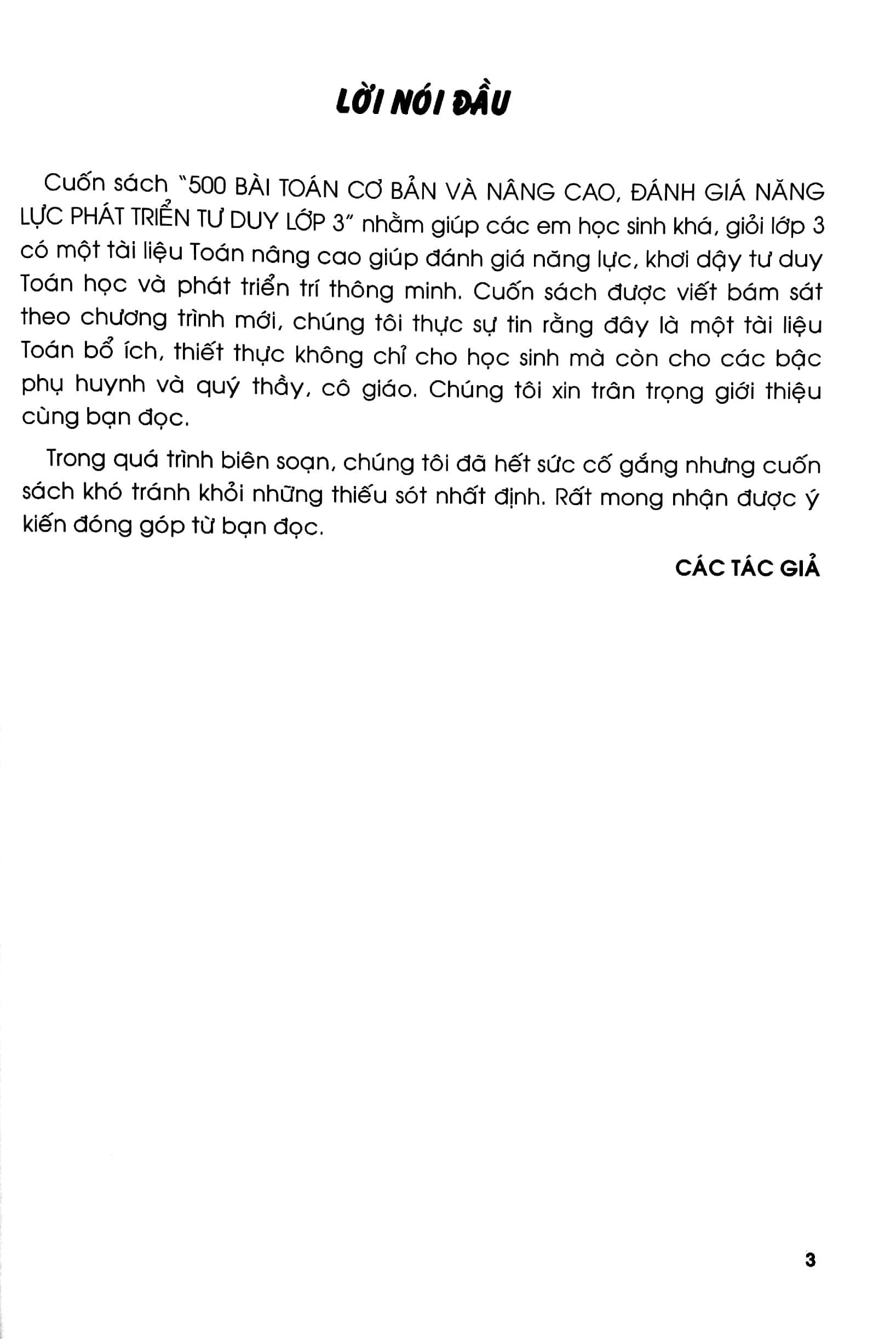 500 Bài Toán Cơ Bản Và Nâng Cao Lớp 3 (Đánh Giá Năng Lực Phát Triển Tư Duy)
