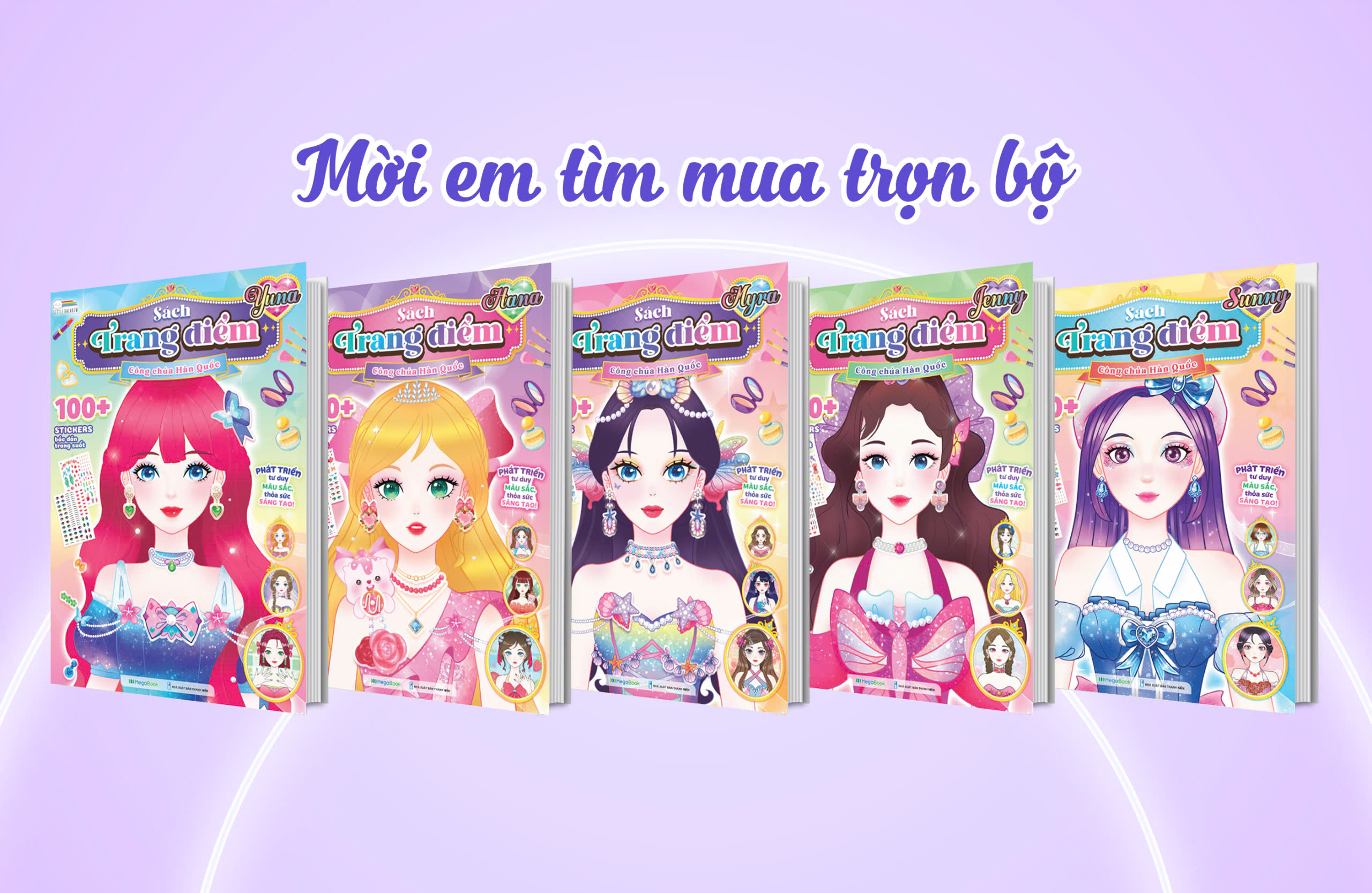 Combo Sách trang điểm công chúa Hàn Quốc Myra, Yuna, Jenny, Hana, Sunny (5 cuốn) (Tô màu và bóc dán hơn 500+ stickers cho bé)