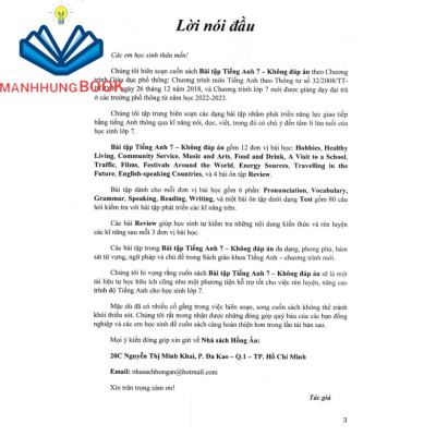 Sách-Bài Tập Tiếng Anh 7 - Không Đáp Án (Bám Sát SGK Kết Nối)