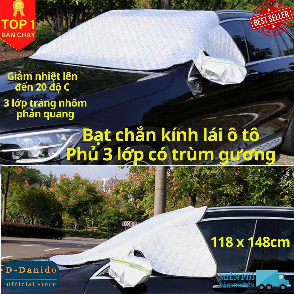 Tấm chắn nắng, Bạt chống nóng ngoài kính lái ô tô 3 lớp, tráng bạc cỡ lớn 118 x 148cm, có trùm gương - Hàng chính hãng D Danido