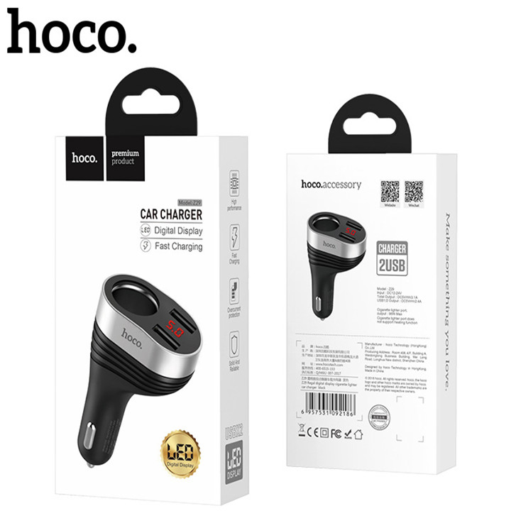 Bộ chia tẩu sạc dùng cho ô tô, xe hơi nhãn hiệu Hoco Z29, Đầu vào: DC12 - 24V, Đầu ra: USB1/2DC5V/2.4A,ổng đầu ra 2 cổng USB: DV5V/3.1A Max , Đầu ra 2 lỗ tẩu sạc: 96W Max , Hàng nhập khẩu