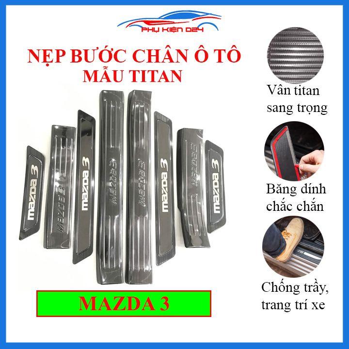 Bộ ốp bậc cửa trong ngoài nẹp bước chân Mazda 3 2015-2016-2017-2018-2019-2020 vân Titan chống trầy trang trí xe