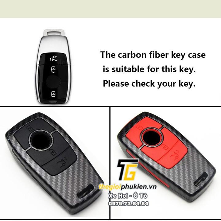 Ốp chìa khóa cho xe Mercedes E200, E250, E300 nhựa ABS vân carbon kèm móc đeo INOX sang trọng