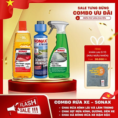 Bộ 3 món rửa xe và chăm sóc kính xe bao gồm dung dịch rửa xe đậm đặc, nước rửa kính lái và chai xịt rửa kính, gương, đèn xe Sonax SO-CBKINH - Tặng kèm khăn lau ô tô chuyên dụng