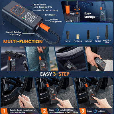WISEZEN Bơm hơi di động – Sử dụng đa năng, bơm nhanh trong 3 phút, giám sát áp suất lốp an toàn.