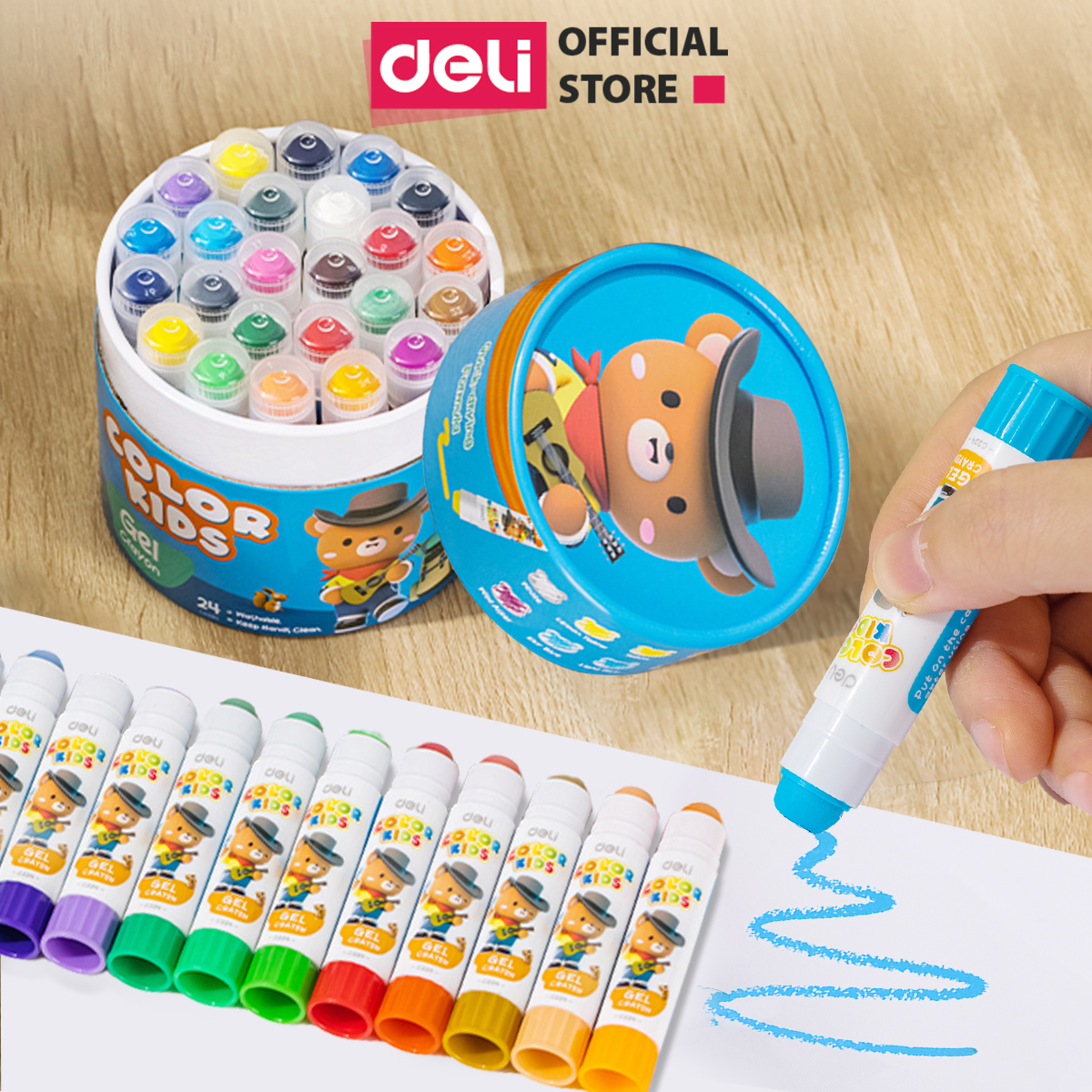 Bút Sáp Màu Dầu Lụa Gấu Con Deli 24 Màu Tươi Đậm Siêu Mịn Rửa Trôi An Toàn Cho Be Học Sinh Tô Màu Vẽ Tranh