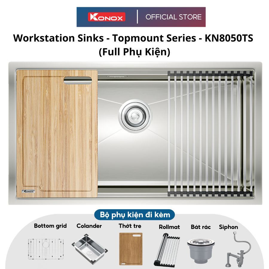 Chậu rửa bát inox Konox, Topmount Series, Model KN8050TS, inox 304 AISI tiêu chuẩn châu Âu, Hạ bậc tích hợp, 800x500x228(mm), Hàng chính hãng