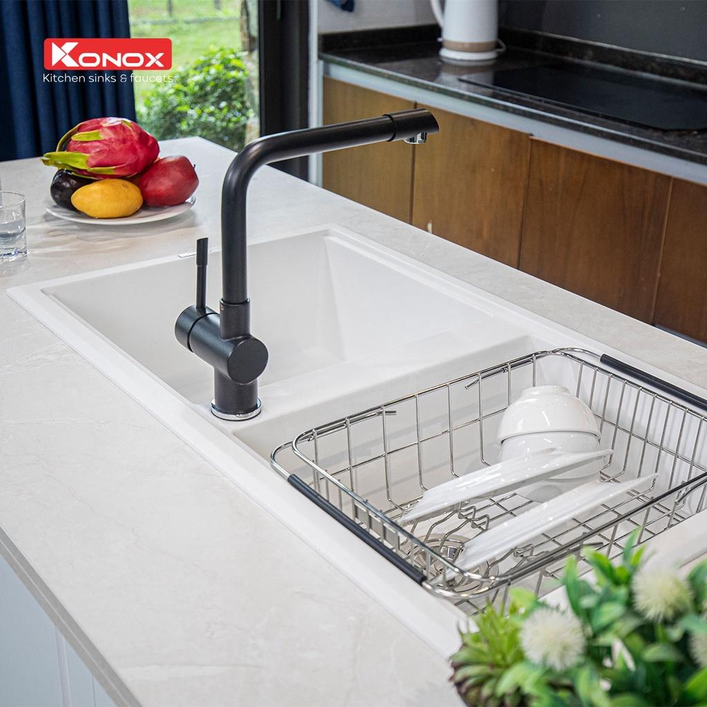 Vòi rửa bát nóng lạnh xoay 360 độ KONOX Felix Black, bề mặt xử lý mạ PVD Granite, lõi hợp kim đồng 61% tiêu chuẩn Châu Âu CW617N
