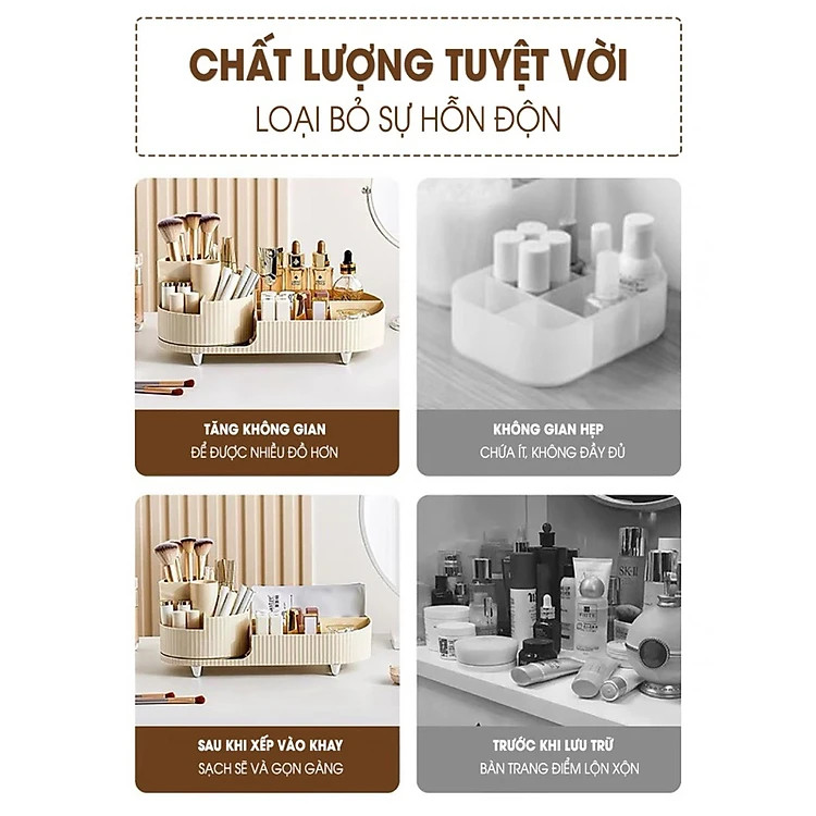 Kệ mỹ phẩm để đồ trang điểm xoay 360 độ, Kệ Hộp Để Phụ Kiện Trang Sức Nữ Trang chia nhiều ngăn lớn đựng đồ tiện lợi, đa năng