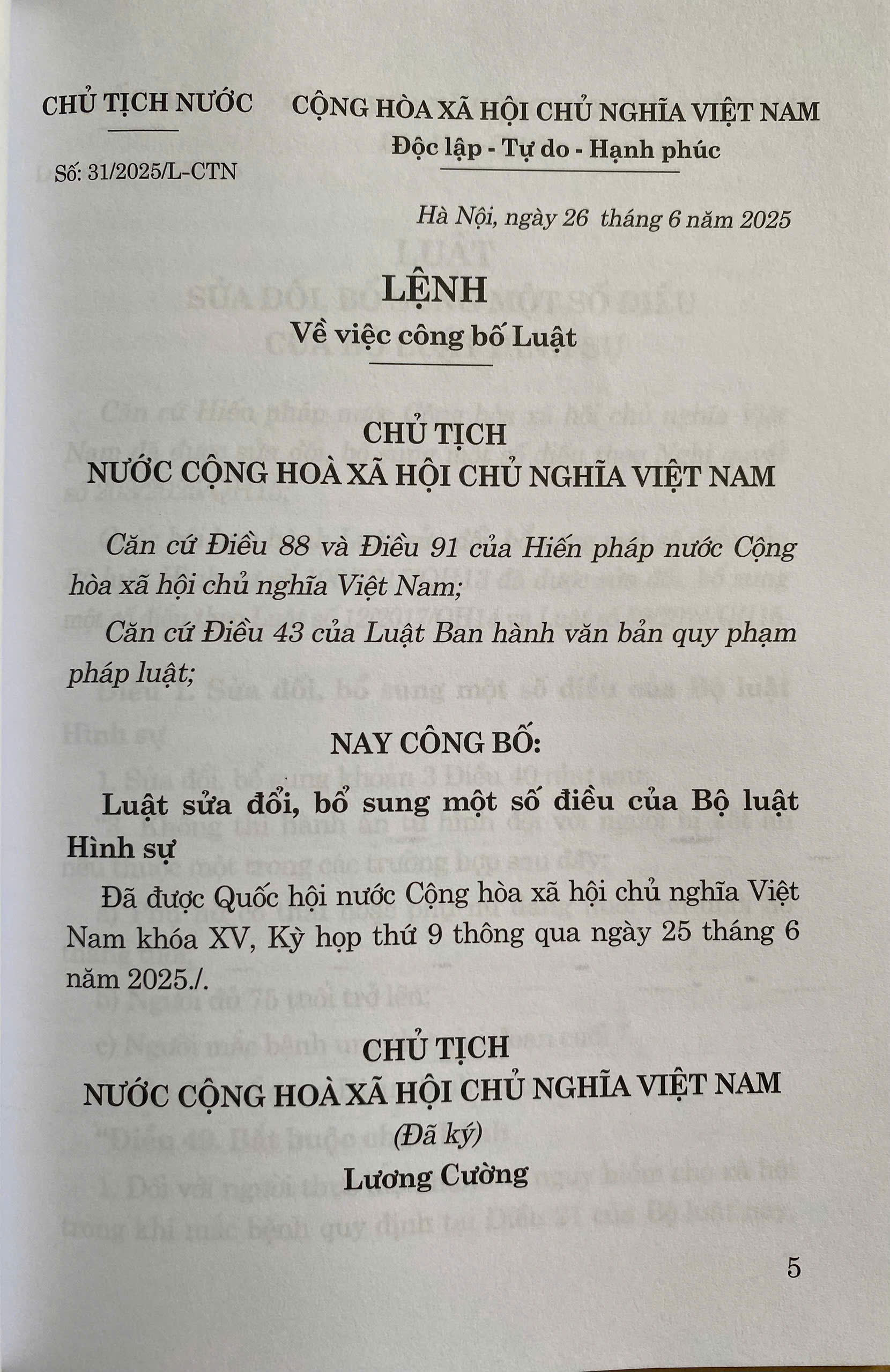 Luật Sửa Đổi, Bổ Sung Một Số Điều Của Bộ Luật Hình Sự Năm 2025