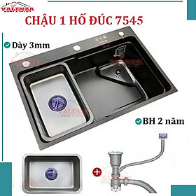 Chậu rửa bát 1 hố lớn inox 304 nano đen Valenza dày 3,5li kèm chậu phụ inox, bộ xả to ngăn mùi-Hàng chính hãng