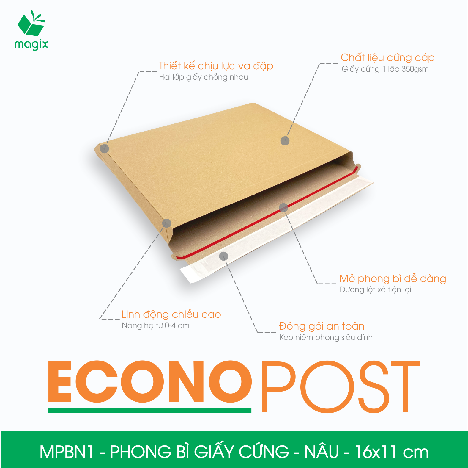 MPBN1 - 16x11 cm - Combo 60 phong bì giấy cứng đóng hàng màu nâu thay thế túi gói hàng