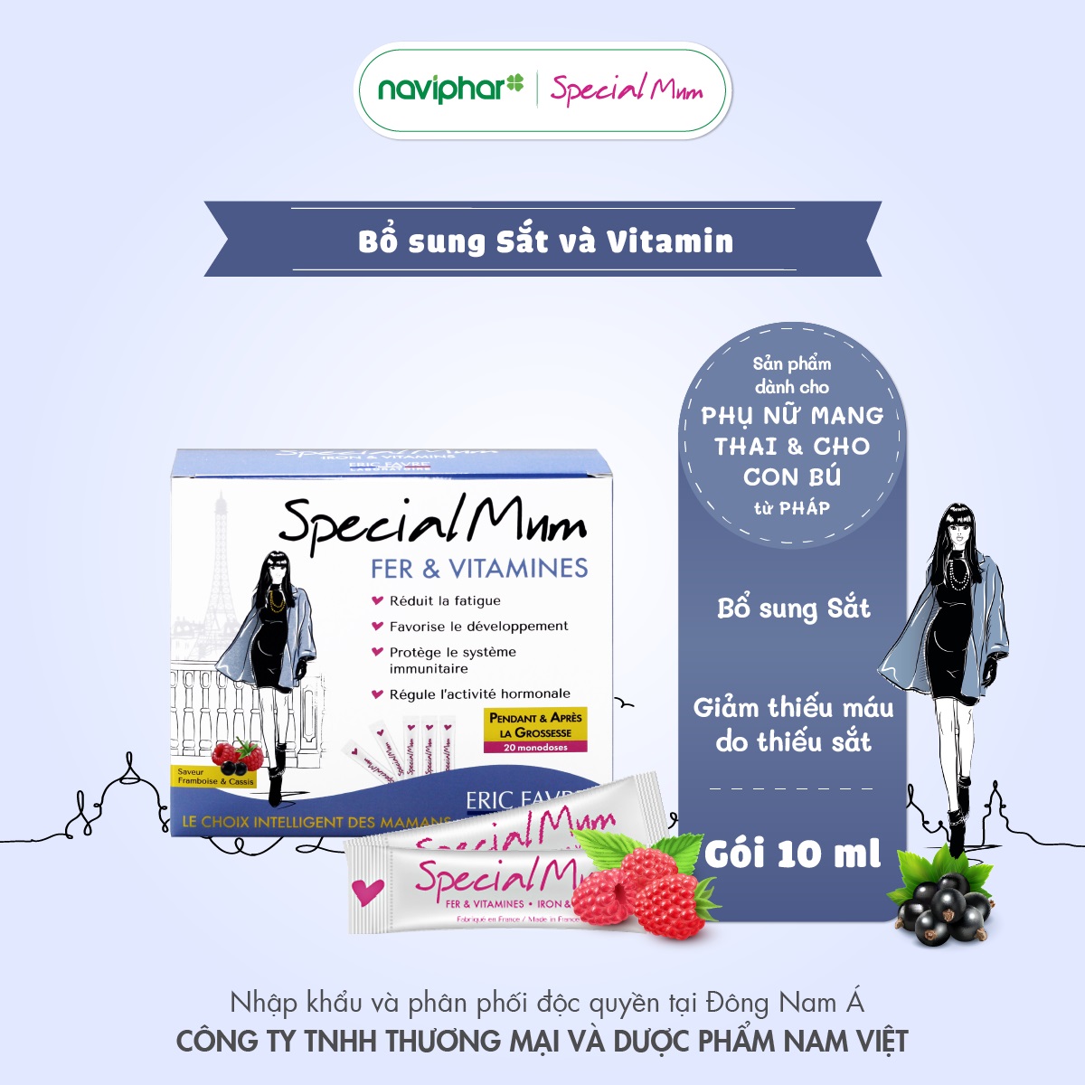 Sắt nước Special Mum Fer et Vitamines Bổ sung sắt hữu cơ và vitamin, phòng ngừa thiếu máu thiếu sắt, giảm mệt mỏi cho phụ nữ mang thai và sau sinh. - 10ml x 20 gói