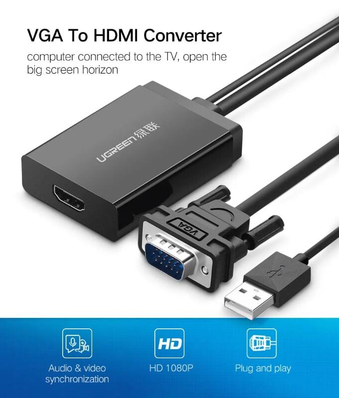 Ugreen UG40213MM106TK 50CM màu Đen Bộ chuyển VGA sang HDMI có trợ nguồn - HÀNG CHÍNH HÃNG