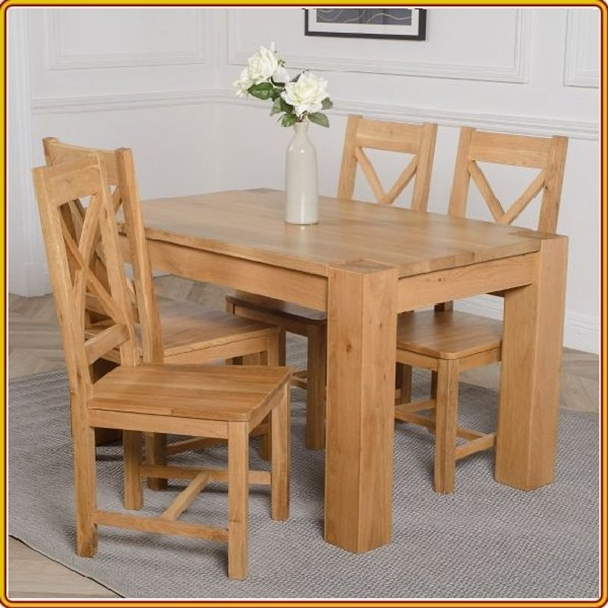 Bộ bàn ăn Rustic Oak bàn 1m2, kèm 4 ghế juno sofa ( Vàng Gỗ Tự Nhiên)