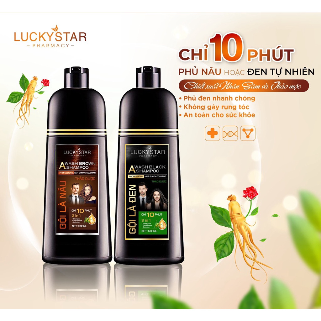 Dầu gội phủ bạc thảo dược cao cấp. Gội là đen LUCKY STAR chiết xuất nhân sâm và thảo mộc tự nhiên. Dầu gội nhuộm tóc giúp tóc đen tự nhiên, khỏe mạnh. Dầu gội đen tóc trong 10 phút ngay tại nhà, phiên bản mới có lược