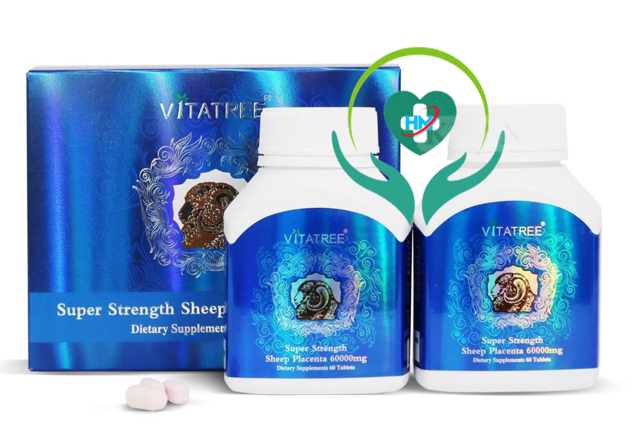 Viên uống nhau thai cừu Vitatree Super Strength Sheep placenta 60000mg, hộp 2 lọ x 60v, trắng da, chống lão hoá, chính hãng Úc