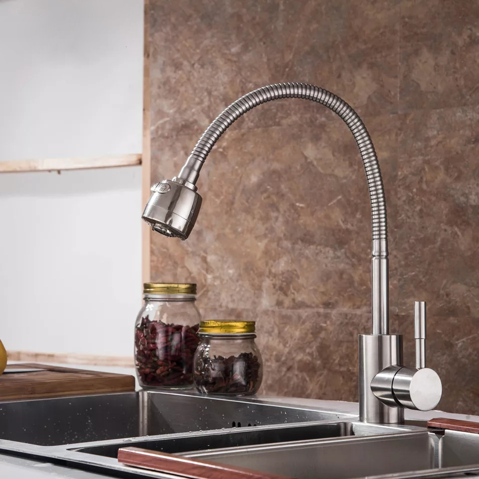 Vòi rửa chén nóng lạnh inox SUS 304 Cao Cấp _ Vòi Rửa Chén Bát Nóng Lạnh Cần Bẻ Lò Xò Sử Dụng cho 2 Hộc Chậu_Vòi chén nóng lạnh inox nguyên khối - hàng đẹp- Trắng vàng